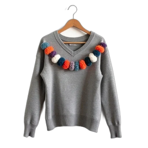 monochrome, grey, sweater, colorful, pom-poms, front, displayed, wooden transparent PNG cut-out