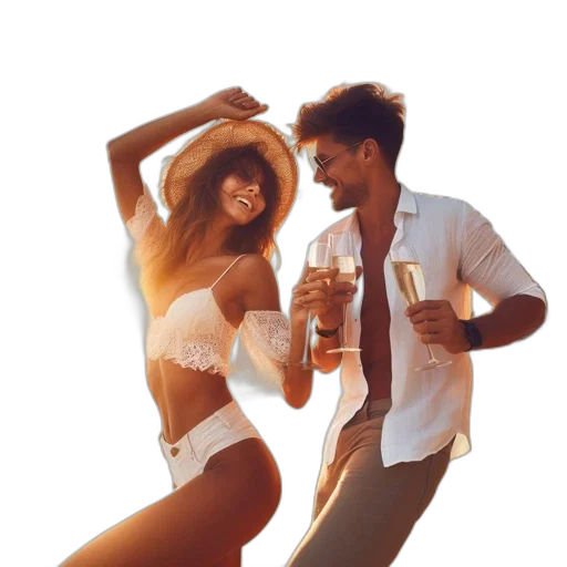 man, woman, celebrating, sandy, beach, during, sunset, wears transparent PNG cut-out