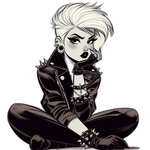 jewelry, jacket, staff, cartoon, comic book art, concept art, cyberpunk, monochrome transparent PNG cut-out