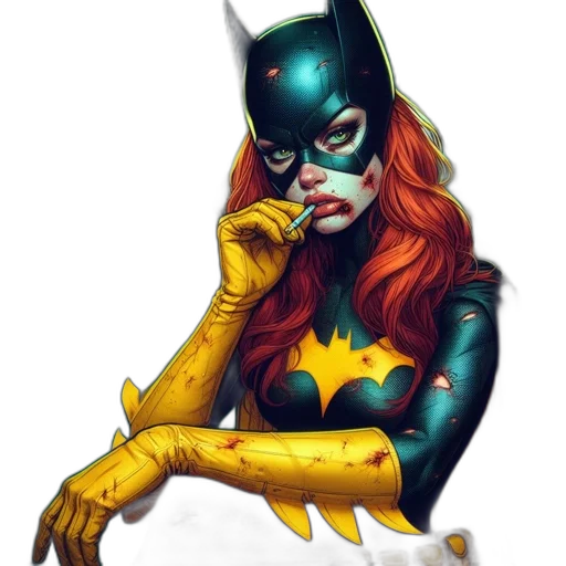 mask, comic book art, concept art, fantasy art, cartoon, scarred, bruised, batgirl-like transparent PNG cut-out