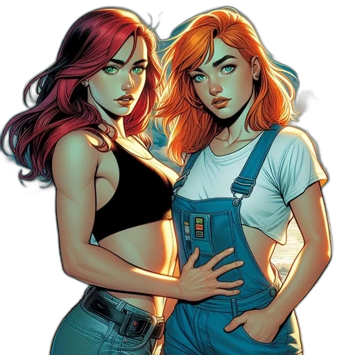comic book art, concept art, cartoon, fantasy art, neon lights, two, female, figures transparent PNG cut-out