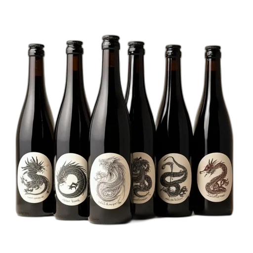 row, six, bottles, black, caps, labels, featuring, various transparent PNG cut-out