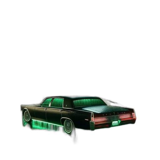 car, concept art, 3d render, cyberpunk, vaporwave, neon lights, green, nocturnal transparent PNG cut-out