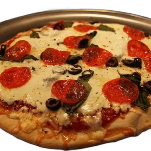 food, 3d render, photorealistic, freshly, baked, pizza, pepperoni, olives transparent PNG cut-out