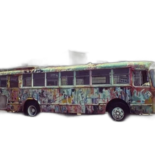car, concept art, graffiti-covered, bus, sits, side, road, mountain transparent PNG cut-out