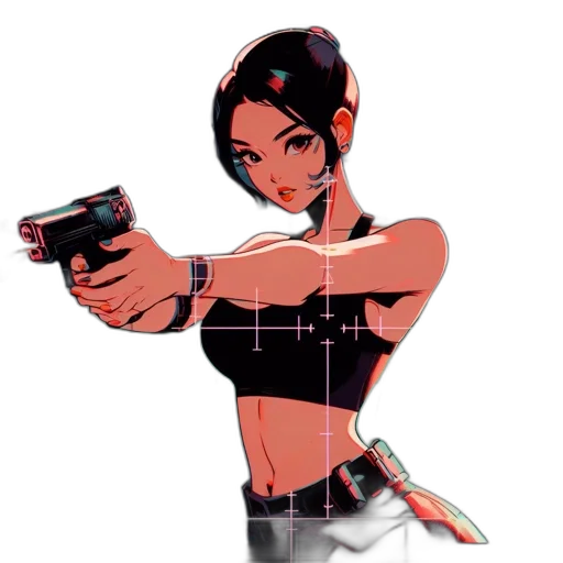 weapon, pixel art, concept art, cartoon, comic book art, animated, femme, fatale transparent PNG cut-out