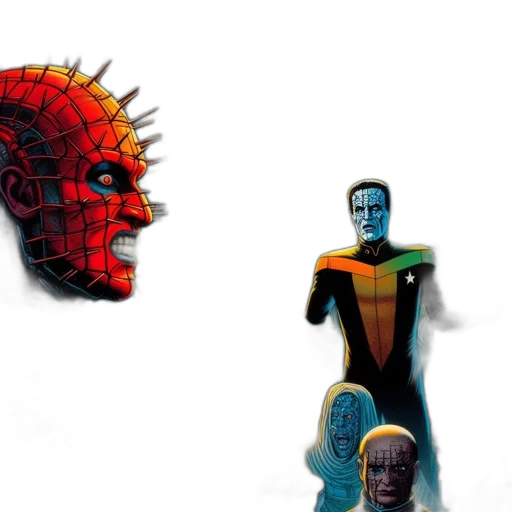 mask, robot, concept art, comic book art, 3d render, pixel art, outer space, colorful transparent PNG cut-out