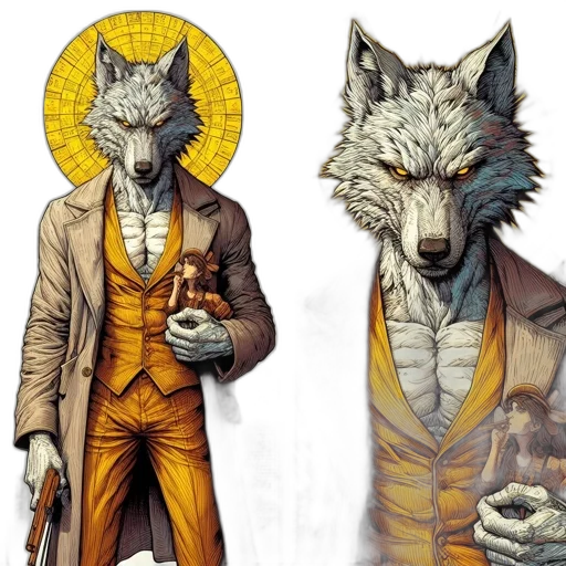 concept art, fantasy art, comic book art, earth tones, golden, anthropomorphic, wolf, clad transparent PNG cut-out