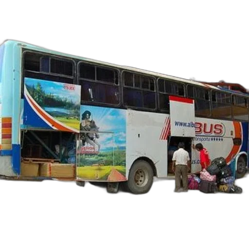 3d render, photorealistic, double-decker, bus, colorful, advertisements, parked, terminal transparent PNG cut-out
