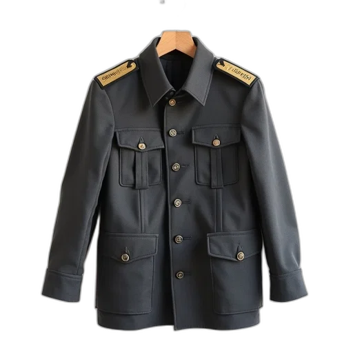 jacket, military-style, multiple, buttons, epaulettes, displayed, hanger, against transparent PNG cut-out