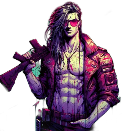 jacket, weapon, cyberpunk, concept art, comic book art, pixel art, neon lights, neon transparent PNG cut-out