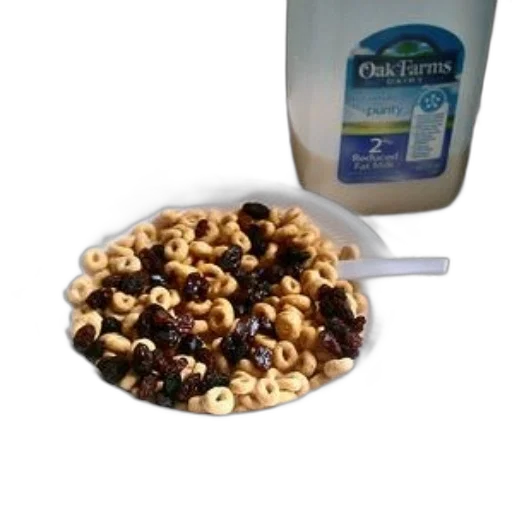 food, bowl, cereal, raisins, bottle, oak, farms, milk transparent PNG cut-out