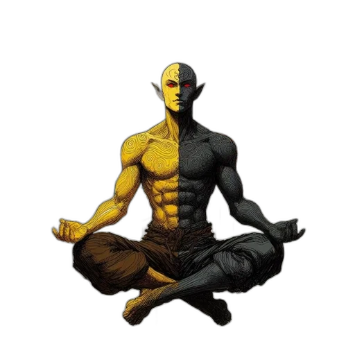 concept art, pixel art, comic book art, fantasy art, golden, shadowy, split-personality, figure transparent PNG cut-out