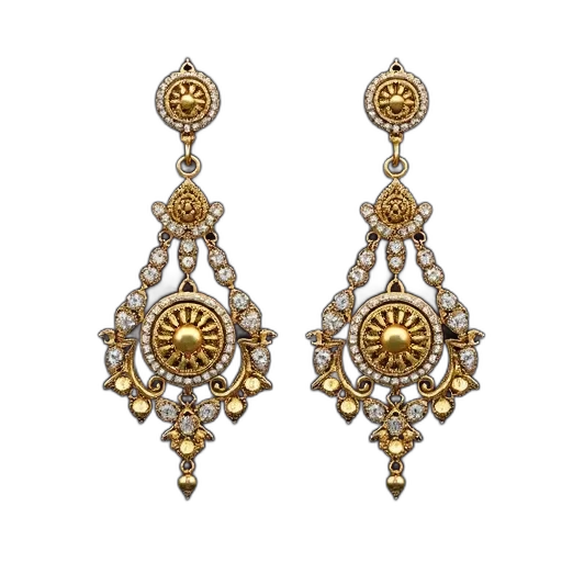 jewelry, pair, ornate, gold-colored, earrings, intricate, designs, central transparent PNG cut-out