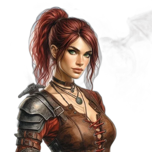 fantasy art, concept art, comic book art, photorealistic, red, woman, hair, leather transparent PNG cut-out