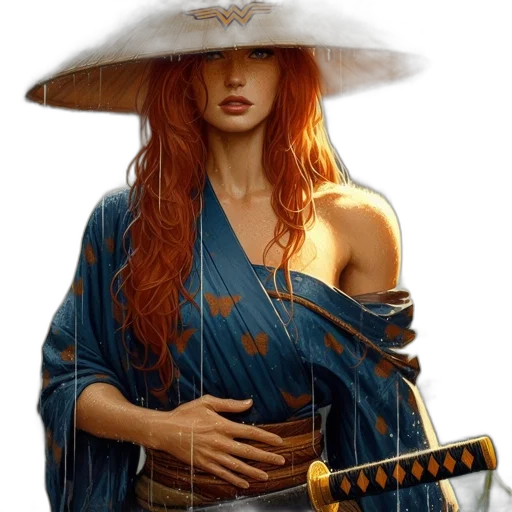 dress, umbrella, sword, hat, fantasy art, photorealistic, oil painting, concept art transparent PNG cut-out
