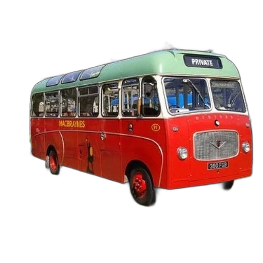 3d render, photorealistic, vintage, macbraynes, bus, green, roof, red transparent PNG cut-out