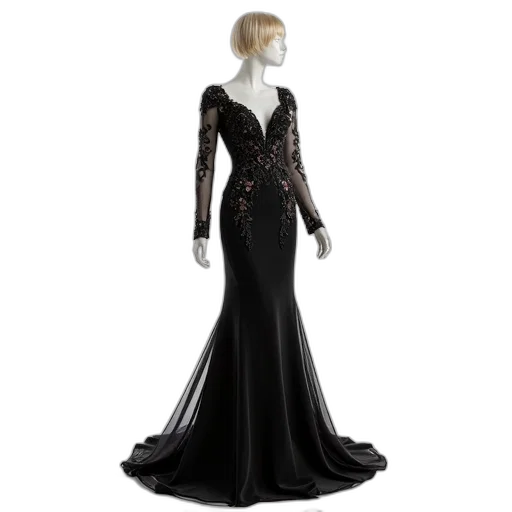dress, dark, mannequin, dressed, black, long-sleeved, floor-length, evening transparent PNG cut-out