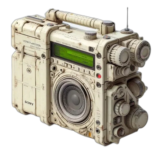 robot, weapon, 3d render, photorealistic, concept art, cyberpunk, vintage-inspired, portable transparent PNG cut-out