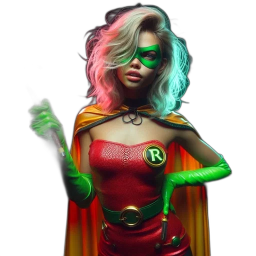 comic book art, concept art, fantasy art, 3d render, neon, green, woman, donning transparent PNG cut-out