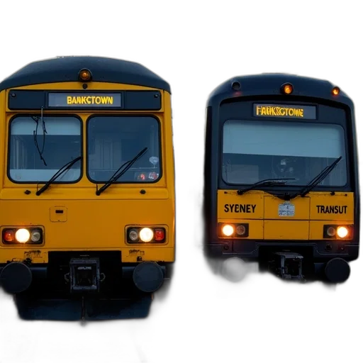 3d render, photorealistic, concept art, yellow, black, train, words, bankstown transparent PNG cut-out