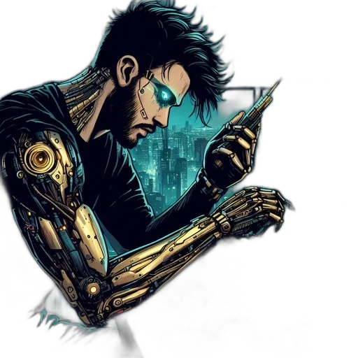 robot, weapon, jacket, comic book art, cyberpunk, concept art, cartoon, blue transparent PNG cut-out