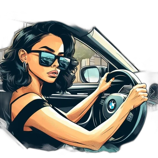 car, cartoon, comic book art, photorealistic, concept art, image, shows, woman transparent PNG cut-out