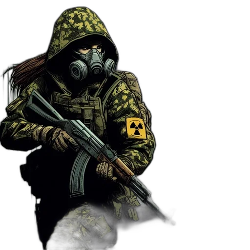 jacket, weapon, mask, concept art, comic book art, cyberpunk, pixel art, dimly transparent PNG cut-out