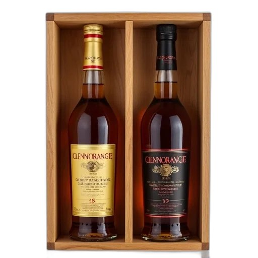 bottle, two, bottles, glenmorangie, whisky, displayed, wooden, box transparent PNG cut-out