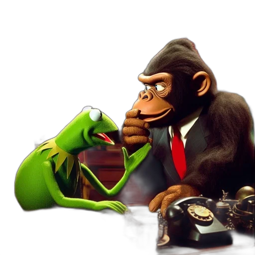 concept art, green, frog-like, character, possibly, kermit, sits, desk transparent PNG cut-out