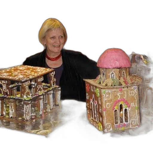 3d render, city street, woman, stands, behind, table, two, gingerbread transparent PNG cut-out