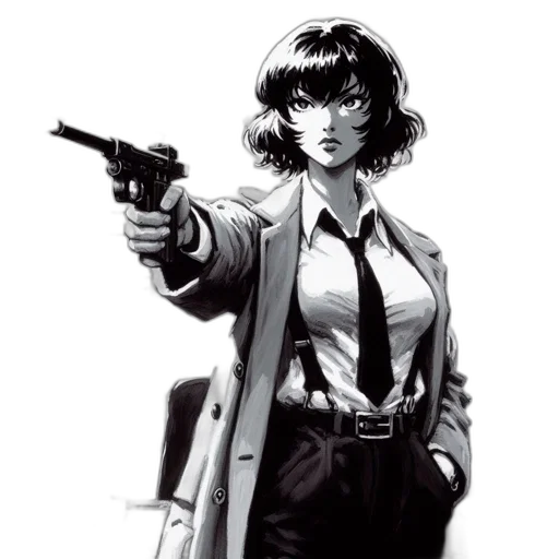 jacket, weapon, staff, comic book art, concept art, cyberpunk, anime, woman transparent PNG cut-out