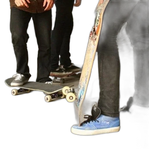 shoes, weapon, staff, photorealistic, 3d render, concept art, three, skateboarders transparent PNG cut-out