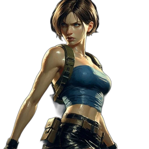 concept art, cyberpunk, comic book art, fantasy art, determined, woman, short, brown transparent PNG cut-out