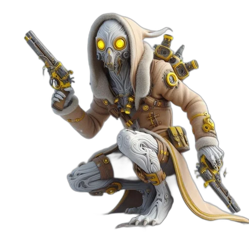 robot, creature, staff, weapon, concept art, fantasy art, cyberpunk, pixel art transparent PNG cut-out