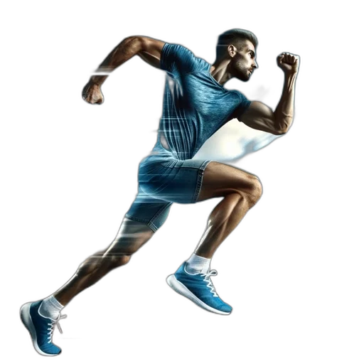 photorealistic, 3d render, concept art, athlete, sprints, track, blue, outfit transparent PNG cut-out