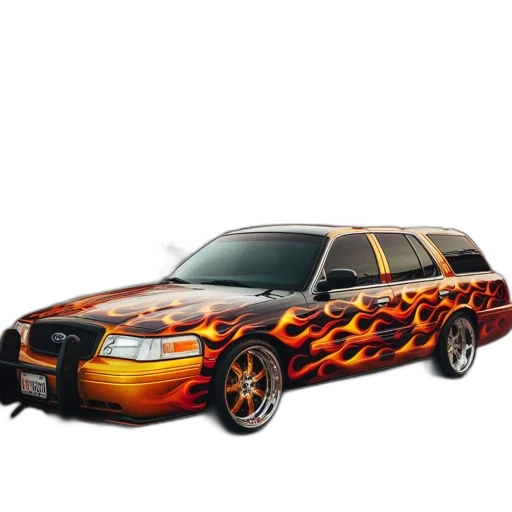 car, photorealistic, 3d render, concept art, fire, flame-painted, stands, red transparent PNG cut-out