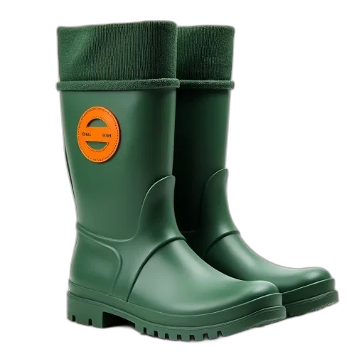 green, pair, rubber, boots, textured, surface, prominent, orange transparent PNG cut-out