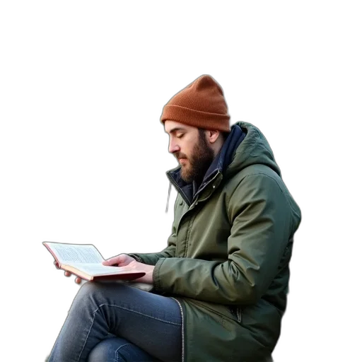 jacket, hat, staff, face, person, sitting, bench, park transparent PNG cut-out