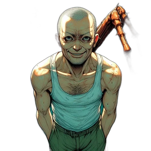 staff, comic book art, concept art, man, bald, head, wears, white transparent PNG cut-out