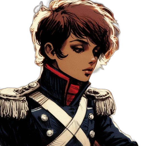 jacket, staff, crown, face, comic book art, concept art, anime, cartoon transparent PNG cut-out