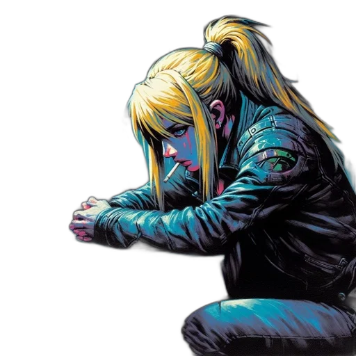 jacket, comic book art, cyberpunk, concept art, watercolor, neon lights, blue, blonde transparent PNG cut-out
