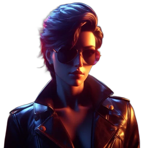 jacket, face, cyberpunk, vaporwave, concept art, 3d render, neon lights, blue transparent PNG cut-out