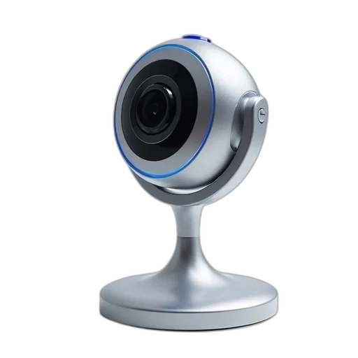 robot, 3d render, photorealistic, modern, sleek, silver, webcam, circular transparent PNG cut-out