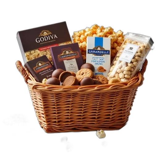 food, wicker, basket, filled, various, gourmet, items, placed transparent PNG cut-out
