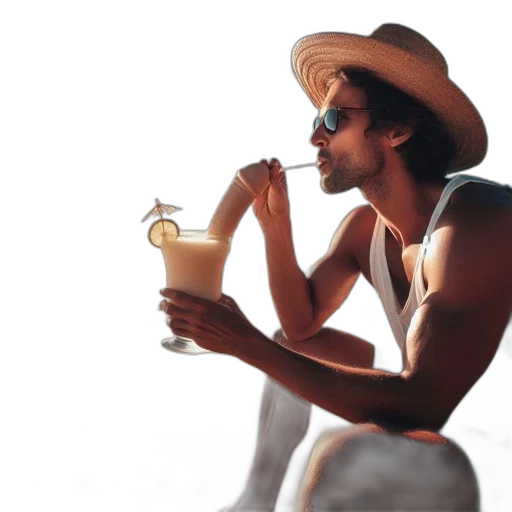 hat, food, photorealistic, concept art, 3d render, beach, man, relaxes transparent PNG cut-out