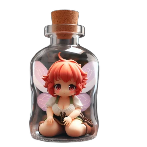 bottle, 3d render, concept art, photorealistic, tiny, figurine, woman, pink transparent PNG cut-out