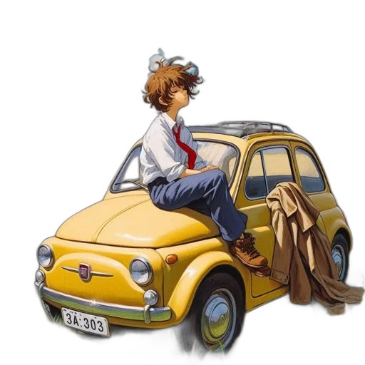 car, concept art, anime, cartoon, watercolor, city street, boy, sits transparent PNG cut-out