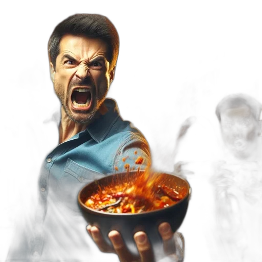 food, concept art, comic book art, photorealistic, 3d render, fire, man, shouts transparent PNG cut-out