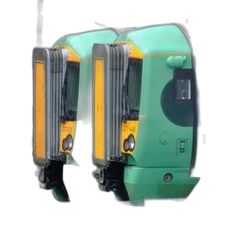 robot, 3d render, three, green, yellow, trains, parked, station transparent PNG cut-out